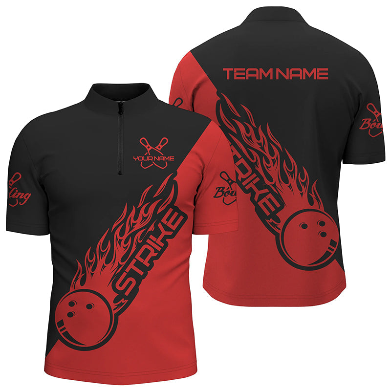 Bowling Customized Jersey Black Red Shirt Strike Ball Bowling Tenpin Quarter Zip Shirt For Bowlers, Bowling Team