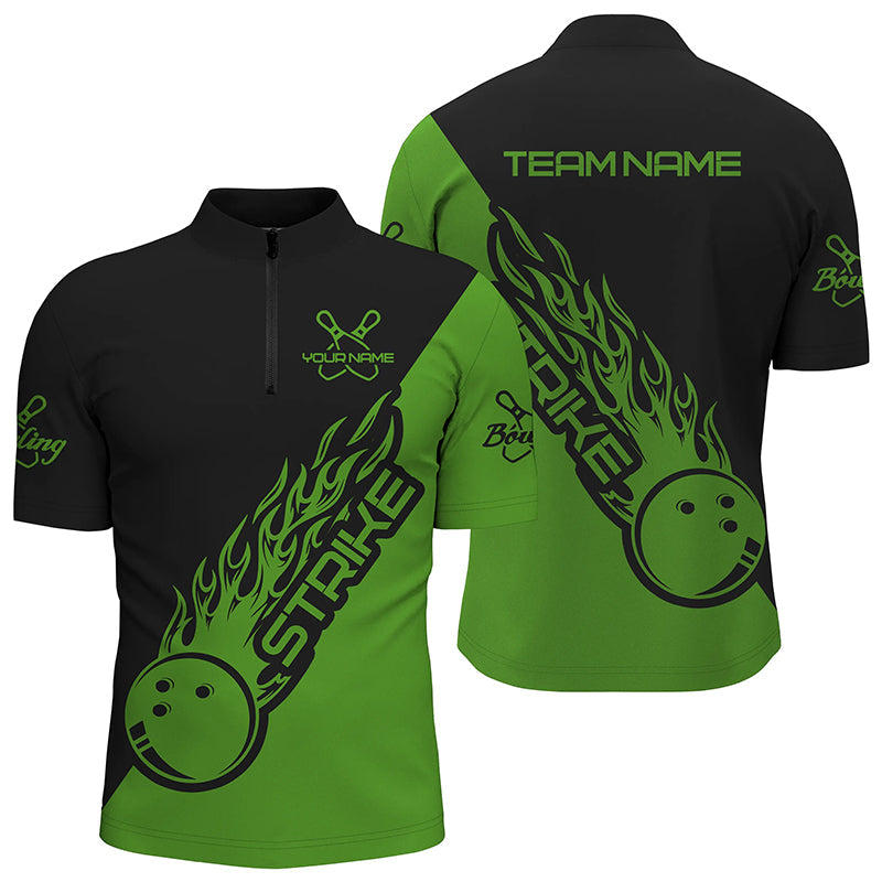 Bowling Customized Jersey Black Green Shirt Strike Ball Bowling Tenpin Quarter Zip Shirt For Bowlers, Bowling Team