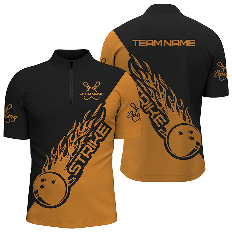 Bowling Customized Jersey Black Orange Shirt Strike Ball Bowling Tenpin Quarter Zip Shirt For Bowlers, Bowling Team