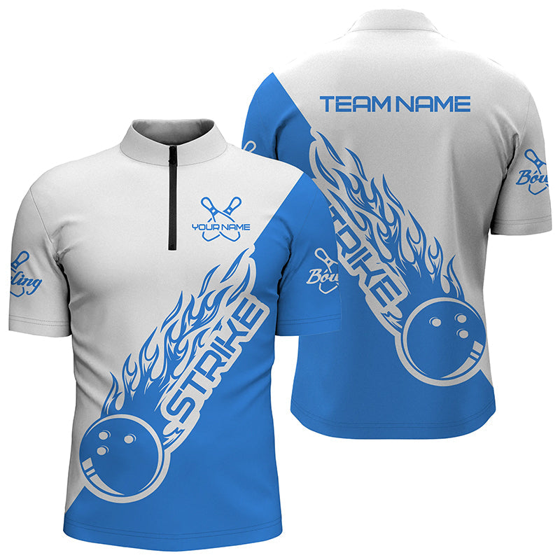 Bowling Customized Jersey White Blue Shirt Strike Ball Bowling Tenpin Quarter Zip Shirt For Bowlers, Bowling Team