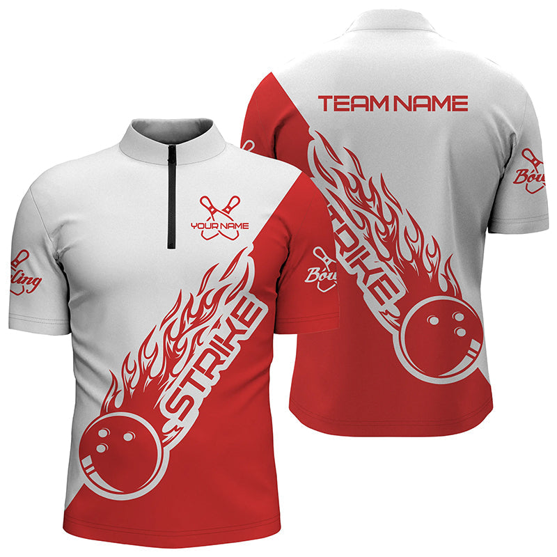 Bowling Customized Jersey White Red Shirt Strike Ball Bowling Tenpin Quarter Zip Shirt For Bowlers, Bowling Team