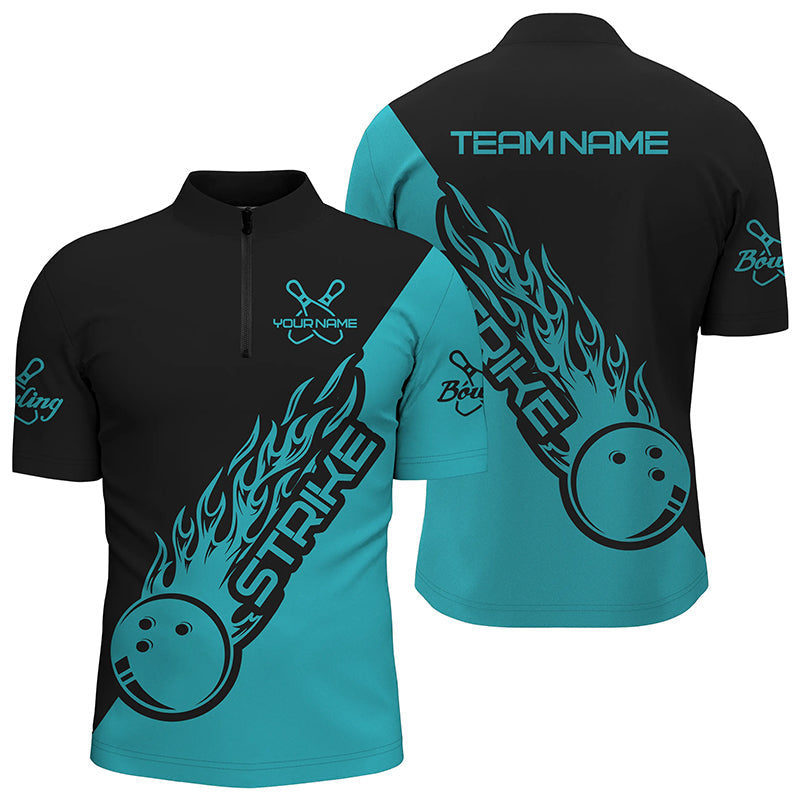 Bowling Customized Jersey Black Turquoise Shirt Strike Ball Bowling Tenpin Quarter Zip Shirt For Bowlers, Bowling Team