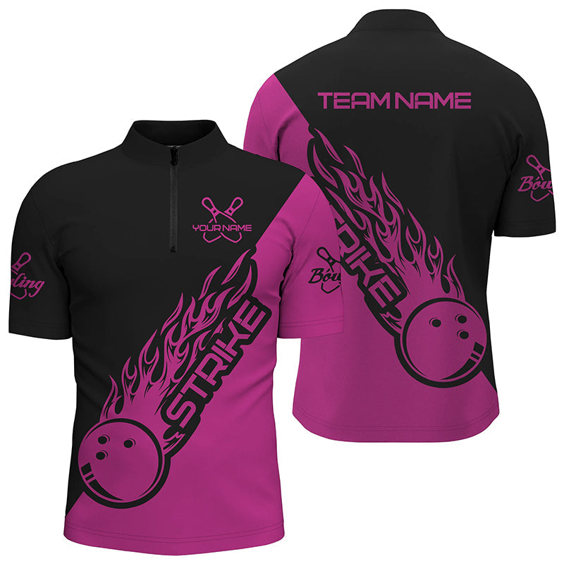 Bowling Customized Jersey Black Pink Shirt Strike Ball Bowling Tenpin Quarter Zip Shirt For Bowlers, Bowling Team