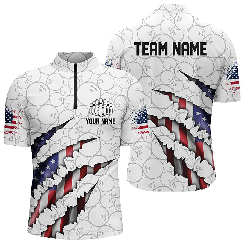 Bowling Customized Jersey Shirt, American Flag Bowling Ball Pattern White Quarter Zip Shirt For Bowlers, Bowling Team