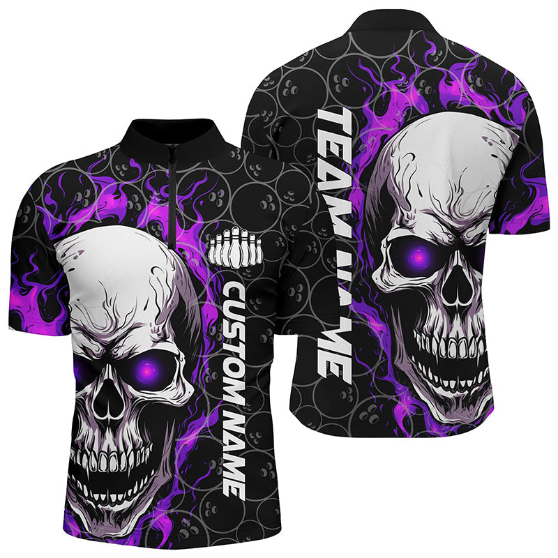 Bowling Customized Black Jersey, Purple Fire Skull Bowling Ball Pattern Quarter Zip Bowling Shirt For Bowlers, Bowling Team