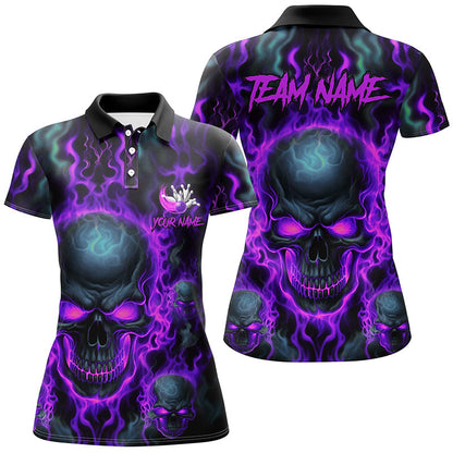 Bowling Customized Jersey Shirt Purple Flame Skull Bowling Tenpin Quarter Zip Shirt, Outfit For Bowlers, Bowling Team