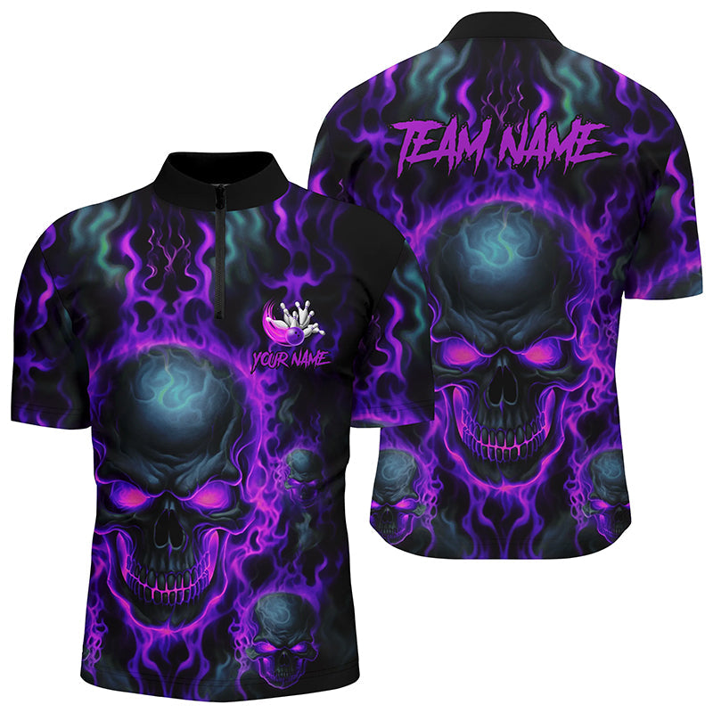 Bowling Customized Jersey Shirt Purple Flame Skull Bowling Tenpin Quarter Zip Shirt, Outfit For Bowlers, Bowling Team