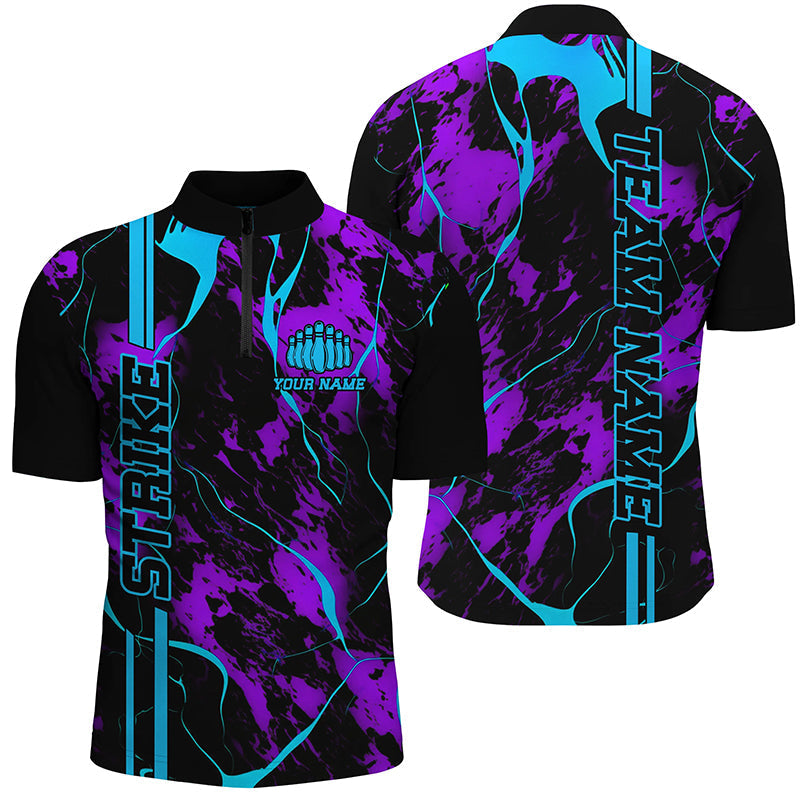 Bowling Customized Jersey Purple Camo Pattern Shirt Strike Bowling Tenpin Quarter Zip Shirt For Bowlers, Bowling Team