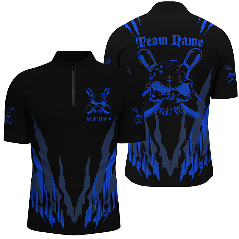 Bowling Customized Jersey Shirt, Blue Skull And Scratch Bowling Tenpin Quarter Zip Shirt For Bowlers, Bowling Team