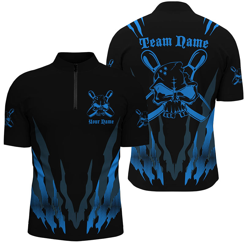 Bowling Customized Jersey Shirt, Light Blue Skull And Scratch Bowling Tenpin Quarter Zip Shirt For Bowlers, Bowling Team