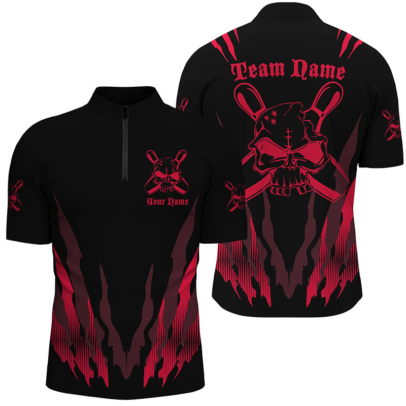 Bowling Customized Jersey Shirt, Red Skull And Scratch Bowling Tenpin Quarter Zip Shirt For Bowlers, Bowling Team