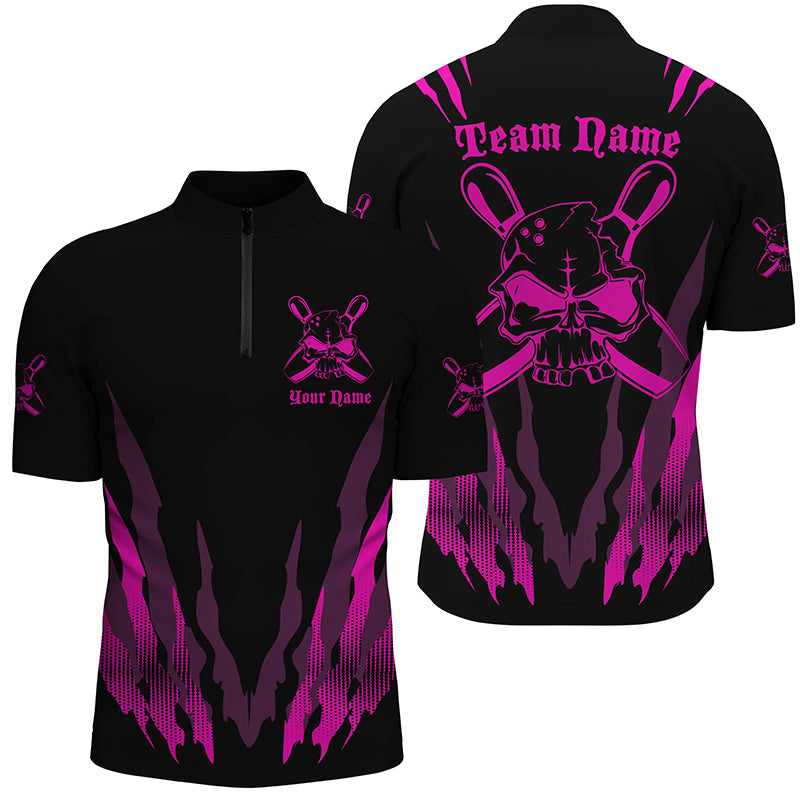 Bowling Customized Jersey Shirt Skull Pink Black Scratch Shirt Tenpin Bowling Quarter Zip Shirt For Bowlers, Bowling Team