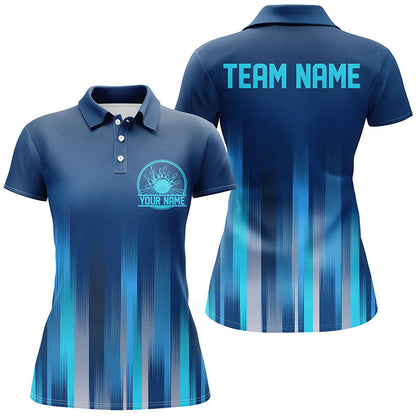 Bowling Customized Blue Jersey Shirt, Blue Stripes Lights Quarter Zip Bowling Shirt For Bowlers, Bowling Team