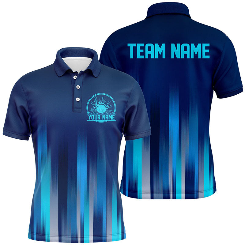 Bowling Customized Blue Jersey Shirt, Blue Stripes Lights Quarter Zip Bowling Shirt For Bowlers, Bowling Team