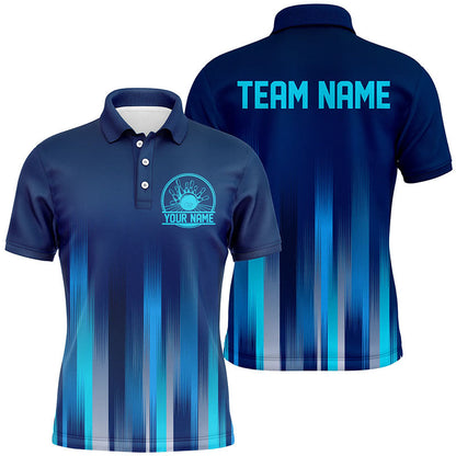 Bowling Customized Blue Jersey Shirt, Blue Stripes Lights Quarter Zip Bowling Shirt For Bowlers, Bowling Team