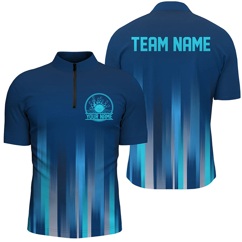 Bowling Customized Blue Jersey Shirt, Blue Stripes Lights Quarter Zip Bowling Shirt For Bowlers, Bowling Team