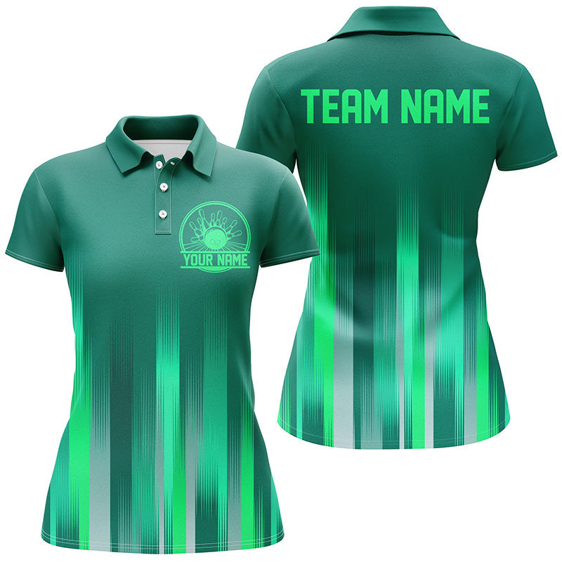 Bowling Customized Green Jersey Shirt, Green Stripes Lights Quarter Zip Bowling Shirt For Bowlers, Bowling Team