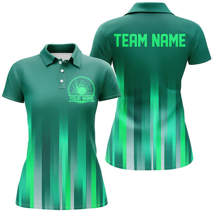 Bowling Customized Green Jersey Shirt, Green Stripes Lights Quarter Zip Bowling Shirt For Bowlers, Bowling Team