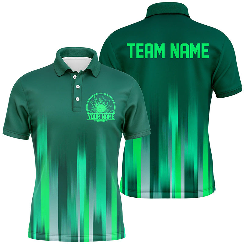 Bowling Customized Green Jersey Shirt, Green Stripes Lights Quarter Zip Bowling Shirt For Bowlers, Bowling Team