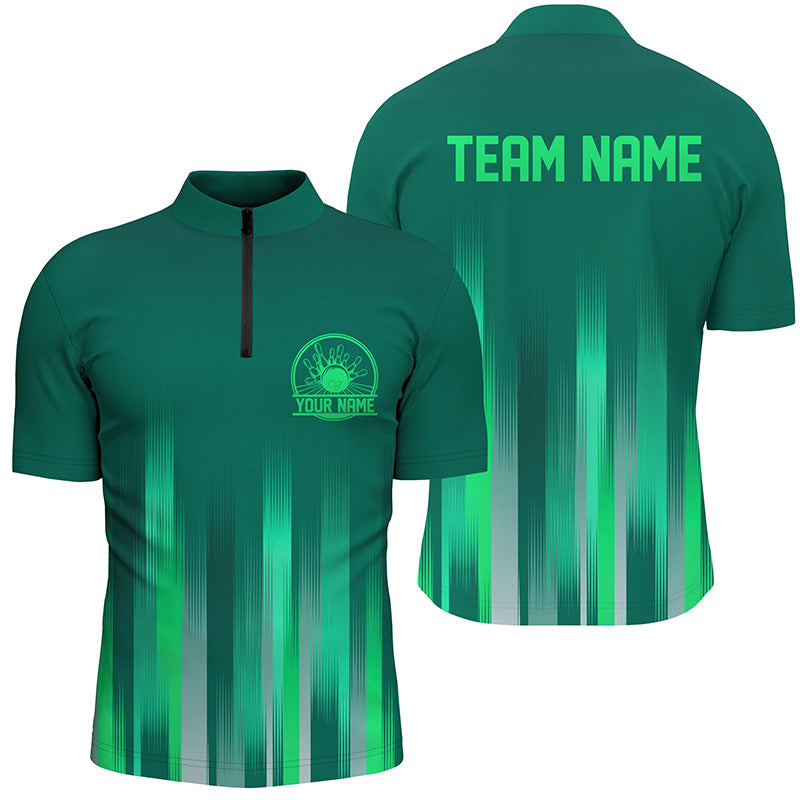 Bowling Customized Green Jersey Shirt, Green Stripes Lights Quarter Zip Bowling Shirt For Bowlers, Bowling Team