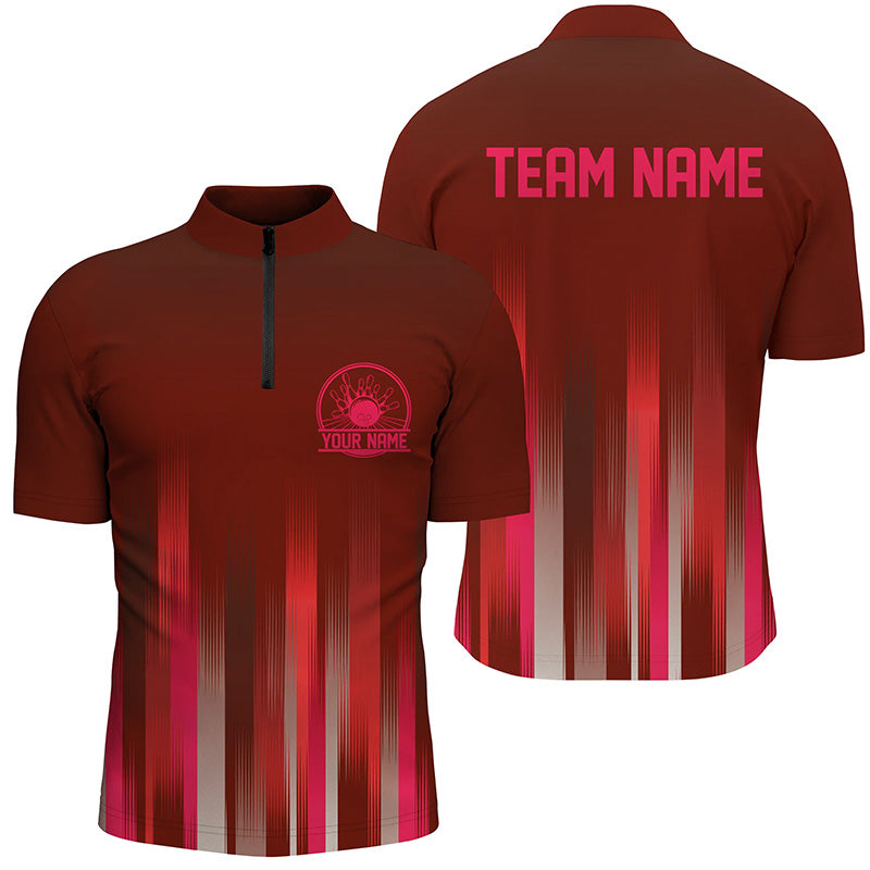 Bowling Customized Red Jersey Shirt, Red Stripes Lights Quarter Zip Bowling Shirt For Bowlers, Bowling Team