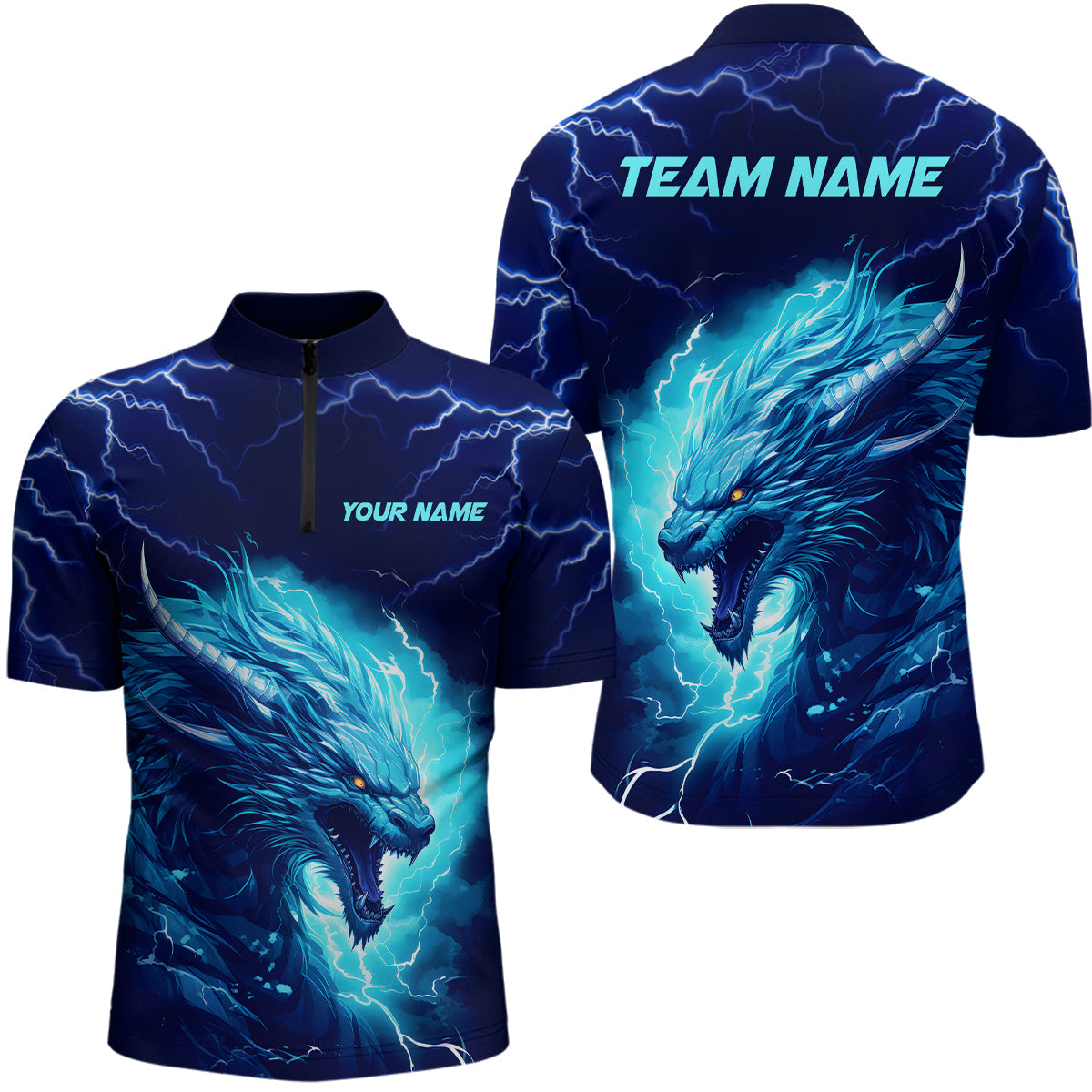 Bowling Customized Jersey Shirt Navy Blue Lightning Thunder Dragon Quarter Zip Bowling Shirt For Bowlers, Bowling Team