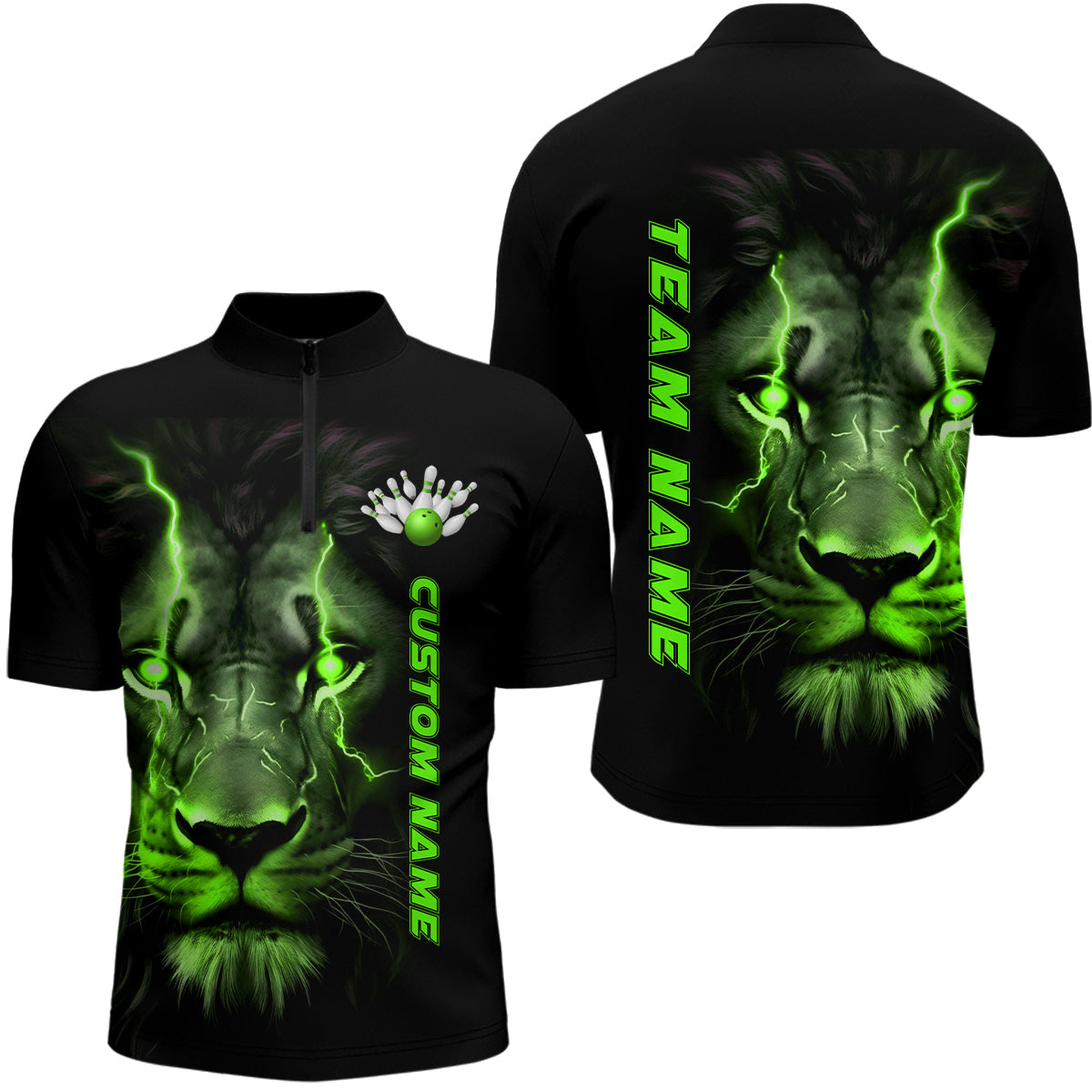 Bowling Customized Jersey Shirt Lion Green Lights Quarter Zip Bowling Shirt, Outfit For Men, Women, Bowlers, Bowling Team