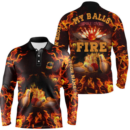 Bowling Custom Men Polo Shirt - Custom Name Flame Bowling Shirt, My Balls Are On Fire Bowling Personalized Bowling Polo Shirt - Perfect Gift For Friend, Family