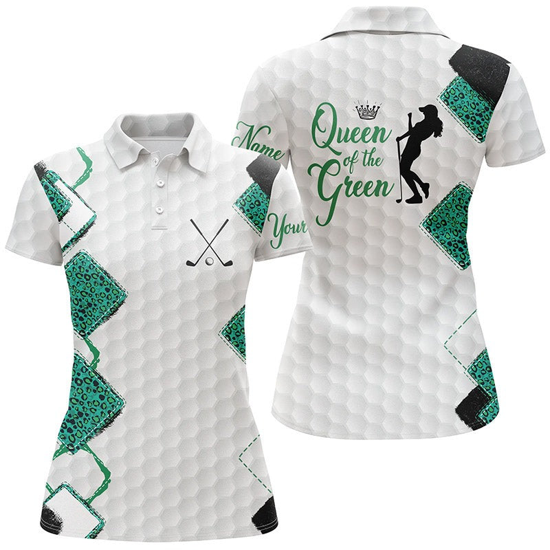 Customized Name Golf Women Polo Shirt, White Golf Ball Green Leopard Personalized Queen Of The Green - Perfect Gift For Ladies, Golf Lovers, Golfers