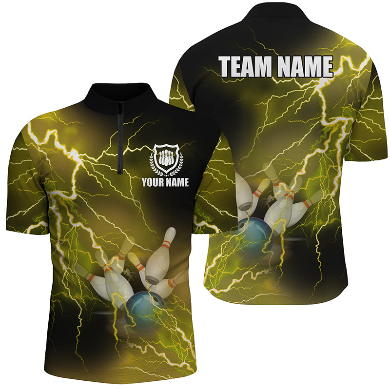 Bowling Customized Jersey Shirt Yellow Lightning Thunder Tenpin Bowling Quarter Zip Shirt For Bowlers, Bowling Team