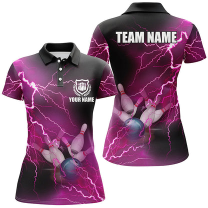 Bowling Customized Jersey Shirt Pink Lightning Thunder Tenpin Bowling Quarter Zip Shirt For Bowlers, Bowling Team