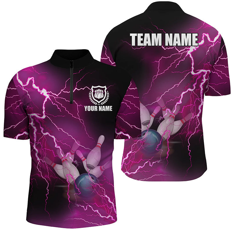 Bowling Customized Jersey Shirt Pink Lightning Thunder Tenpin Bowling Quarter Zip Shirt For Bowlers, Bowling Team
