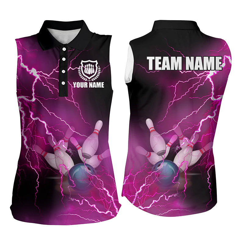 Bowling Customized Jersey Shirt Pink Lightning Thunder Tenpin Bowling Quarter Zip Shirt For Bowlers, Bowling Team