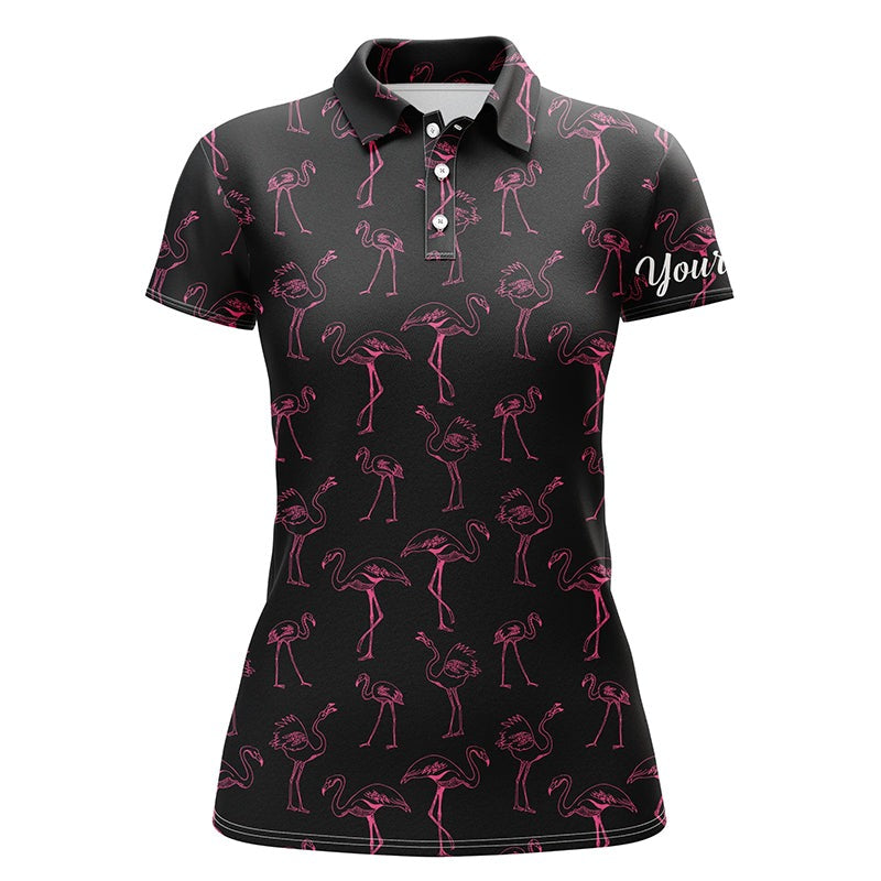 Customized Name Golf Women Polo Shirts, Black Women Polo Shirt Personalized Neon Pink Flamingos Pattern Shirts - Perfect Gift For Golfers, Golf Lovers