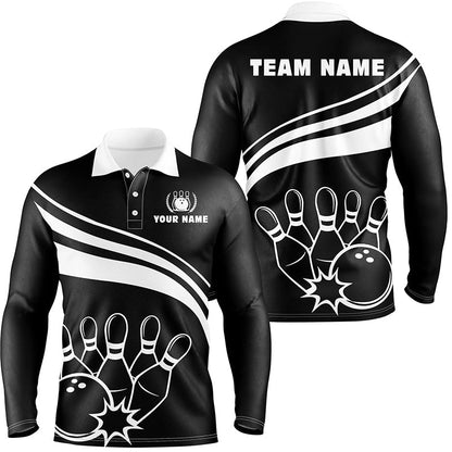 Bowling Customized Jersey Black Shirt White Curve Bowling Tenpin Quarter Zip Shirt, Outfit For Bowlers, Bowling Team