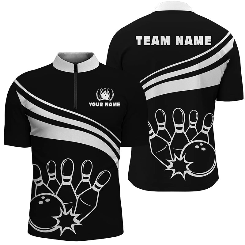 Bowling Customized Jersey Black Shirt White Curve Bowling Tenpin Quarter Zip Shirt, Outfit For Bowlers, Bowling Team