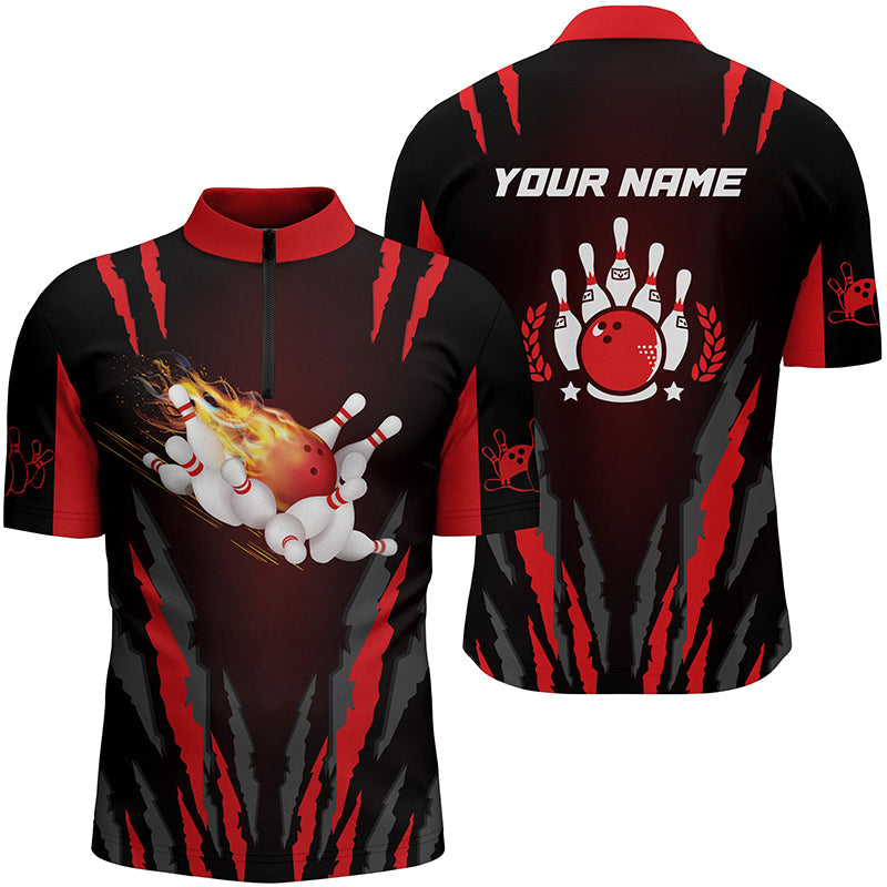 Bowling Customized Jersey Shirt, Red Scratch And Strike Bowling Tenpin Quarter Zip Shirt For Bowlers, Bowling Team
