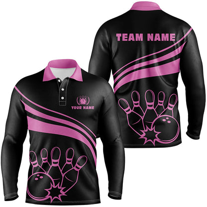Bowling Customized Jersey Black Shirt Pink Curve Bowling Tenpin Quarter Zip Shirt, Outfit For Bowlers, Bowling Team