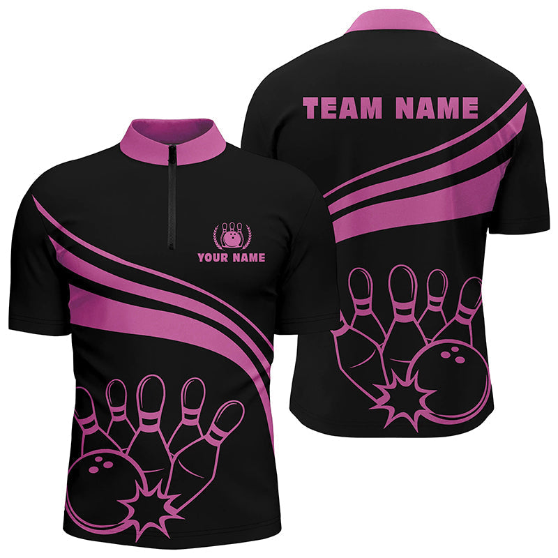Bowling Customized Jersey Black Shirt Pink Curve Bowling Tenpin Quarter Zip Shirt, Outfit For Bowlers, Bowling Team