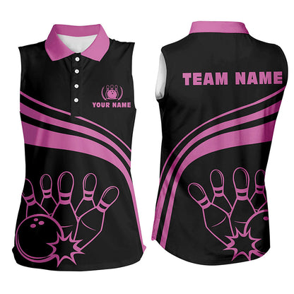 Bowling Customized Jersey Black Shirt Pink Curve Bowling Tenpin Quarter Zip Shirt, Outfit For Bowlers, Bowling Team