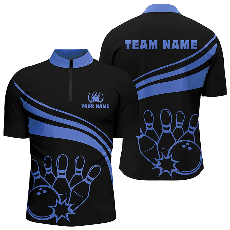 Bowling Customized Jersey Black Shirt Blue Curve Bowling Tenpin Quarter Zip Shirt, Outfit For Bowlers, Bowling Team