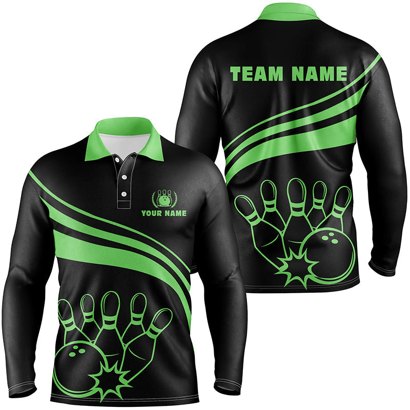Bowling Customized Jersey Black Shirt Green Curve Bowling Tenpin Quarter Zip Shirt, Outfit For Bowlers, Bowling Team