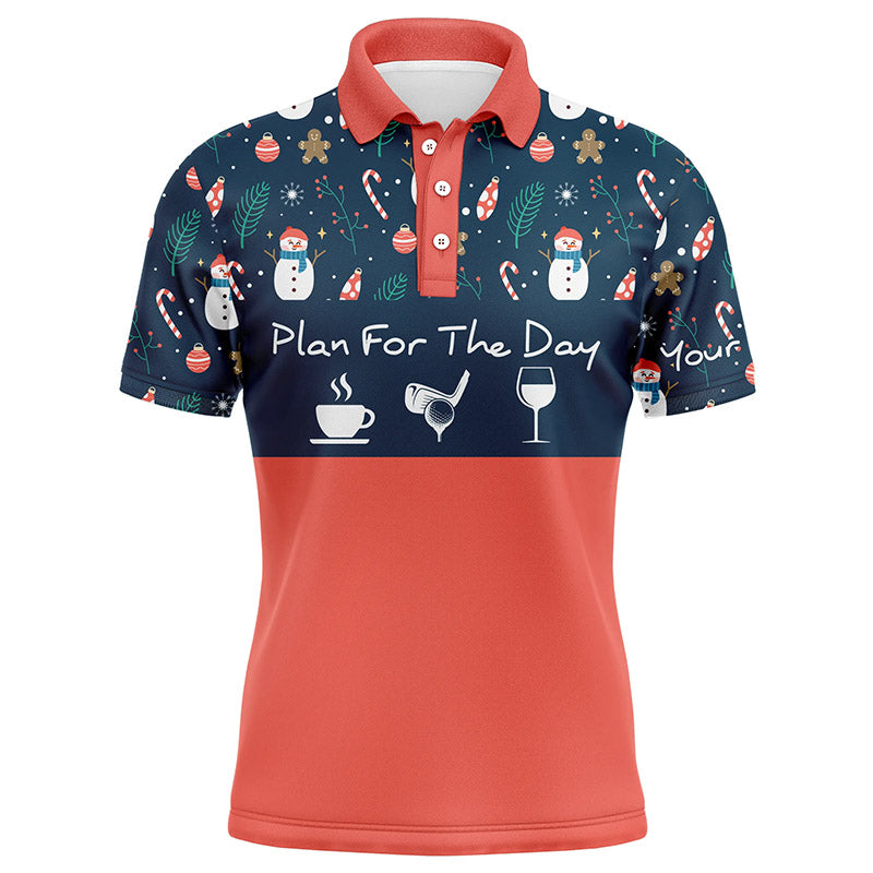 Golf Men Polo Shirt - Christmas Pattern Snowman Custom Name Apparel, Plan For The Day Coffee Golf Wine - Personalized Gift For Men, Golf Lover