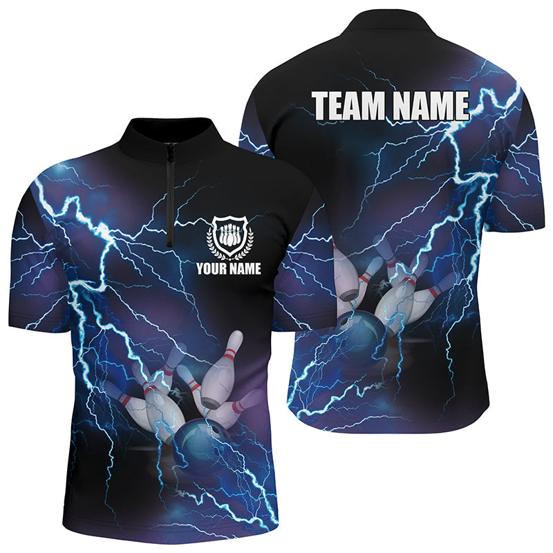 Bowling Customized Jersey Shirt Blue Lightning Thunder Tenpin Bowling Quarter Zip Shirt For Bowlers, Bowling Team