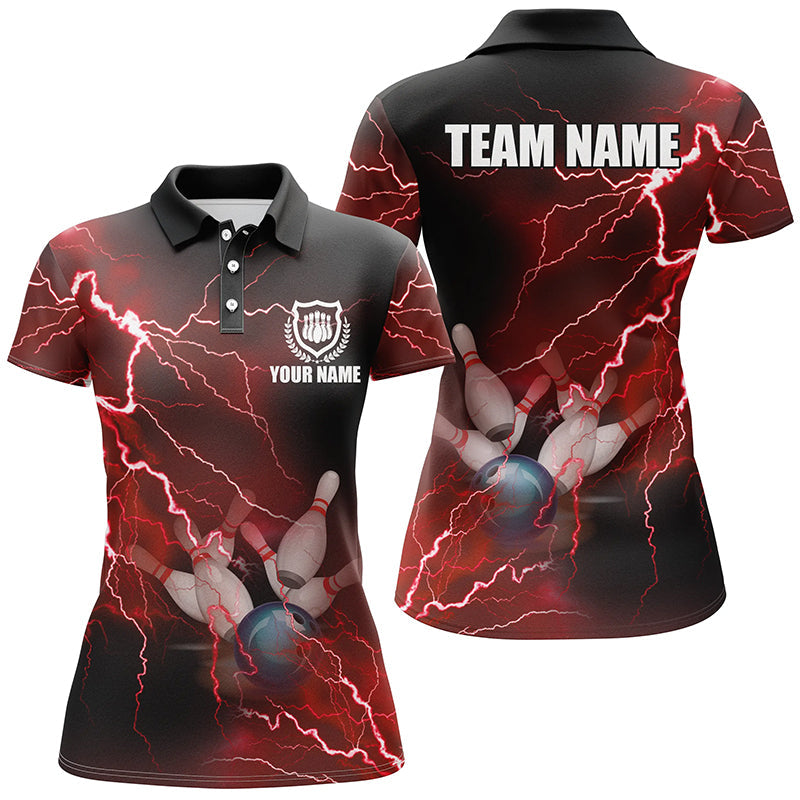 Bowling Customized Jersey Shirt Red Lightning Thunder Tenpin Bowling Quarter Zip Shirt For Bowlers, Bowling Team