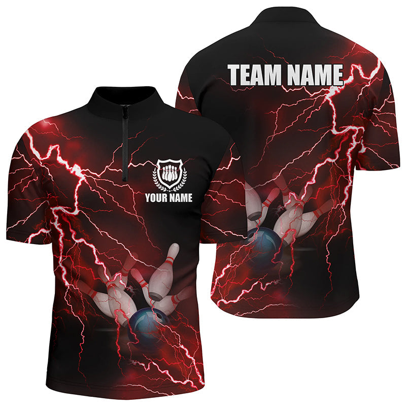 Bowling Customized Jersey Shirt Red Lightning Thunder Tenpin Bowling Quarter Zip Shirt For Bowlers, Bowling Team