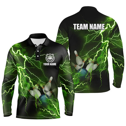 Bowling Customized Jersey Shirt Green Lightning Thunder Tenpin Bowling Quarter Zip Shirt For Bowlers, Bowling Team