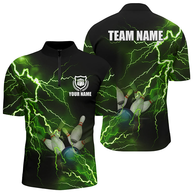 Bowling Customized Jersey Shirt Green Lightning Thunder Tenpin Bowling Quarter Zip Shirt For Bowlers, Bowling Team