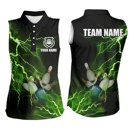 Bowling Customized Jersey Shirt Green Lightning Thunder Tenpin Bowling Quarter Zip Shirt For Bowlers, Bowling Team