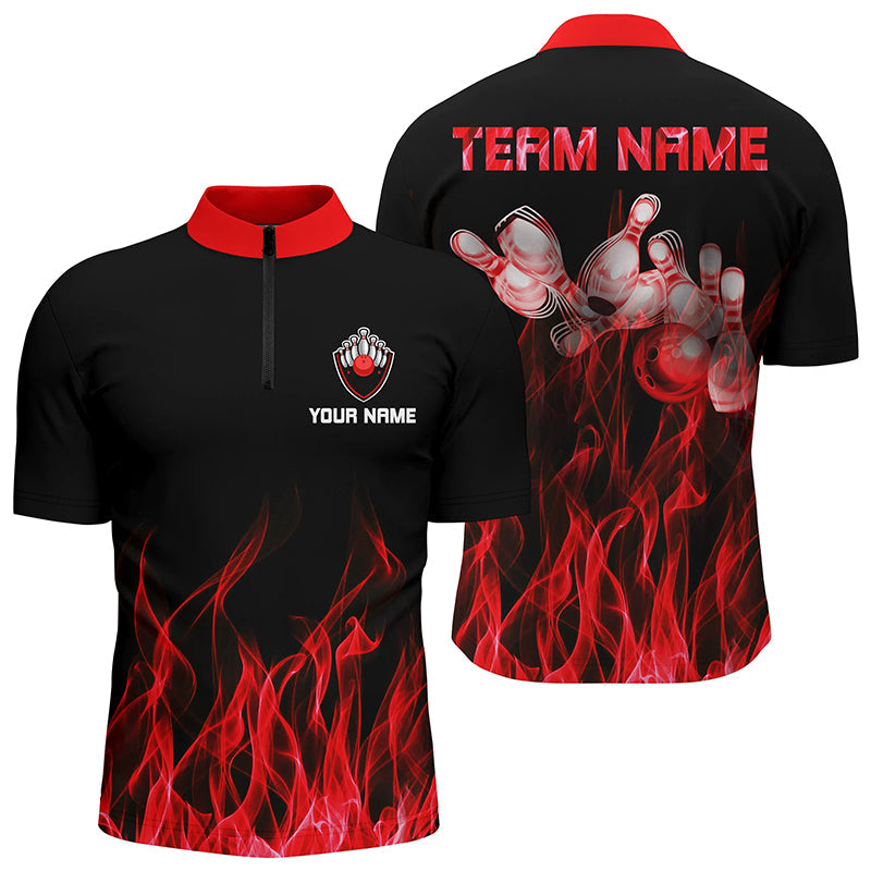 Bowling Customized Jersey Black Shirt Red Flame Ball Bowling Tenpin Quarter Zip Shirt, Outfit For Bowlers, Bowling Team